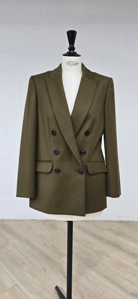 Veste Croisée en Laine à Chevrons- Kaki foncé