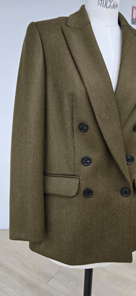 Veste Croisée en Laine à Chevrons- Kaki foncé
